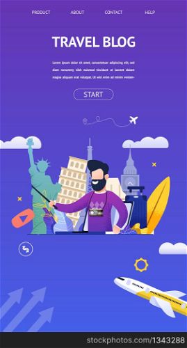 Travel Blog for Interesting Sights Country Travel. Banner Vector Illustration Young Bearded Man Tells what to See in City Travel. Interesting Historical Places. Online Study Tour. Flying Plane