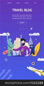 Travel Blog for Interesting Sights Country Travel. Banner Vector Illustration Young Bearded Man Tells what to See in City Travel. Interesting Historical Places. Online Study Tour. Flying Plane