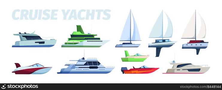Travel boat. Ocean cruise yacht side view luxury ship garish vector pictures collection. Illustration of ocean yacht, vessel boat. Travel boat. Ocean cruise yacht side view luxury ship garish vector pictures collection