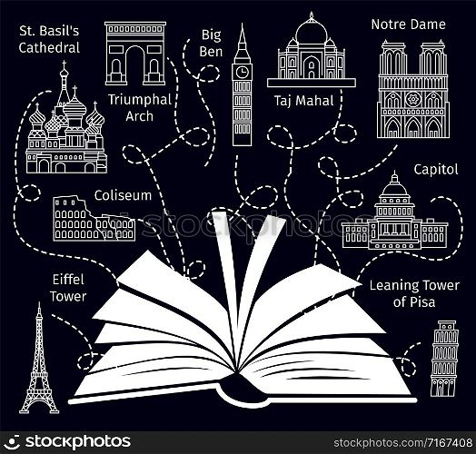 Travel book guide. Europe vacation travelers booking brochure concept, tourist magazine with silhouette of world sightseeing, vector illustration. Europe travel book guide