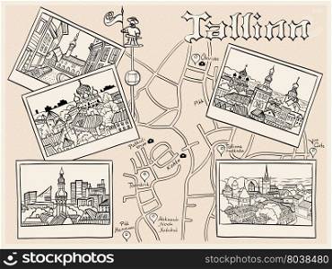 Travel book with the most popular types of the Medieval Old Town in sketch style, Tallinn, Estonia