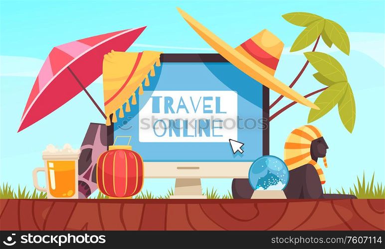 Travel booking online composition with travel online headline and big monitor at the center composition vector illustration
