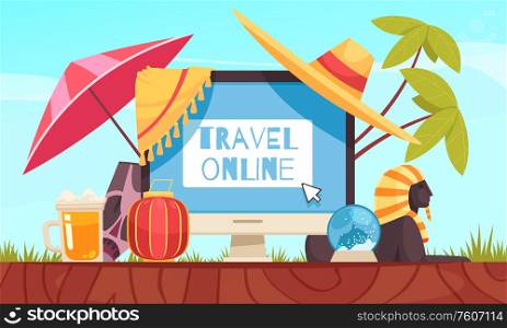 Travel booking online composition with travel online headline and big monitor at the center composition vector illustration