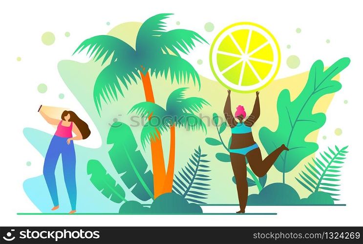Travel Booklet for Active Girls Cartoon Flat. Ideas Varied Summer Holiday at Sea or Ocean. Girl in Sportswear Photographed. Mulatto in Bathing Suit Sunbathes Under Palm Tree. Vector Illustration.
