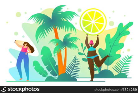 Travel Booklet for Active Girls Cartoon Flat. Ideas Varied Summer Holiday at Sea or Ocean. Girl in Sportswear Photographed. Mulatto in Bathing Suit Sunbathes Under Palm Tree. Vector Illustration.