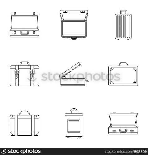 Travel briefcase icon set. Outline set of 9 travel briefcase vector icons for web design isolated on white background. Travel briefcase icon set, outline style
