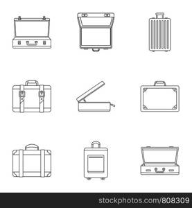 Travel briefcase icon set. Outline set of 9 travel briefcase vector icons for web design isolated on white background. Travel briefcase icon set, outline style