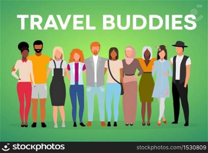 Travel buddies poster vector template. International friendship. Brochure, cover, booklet page concept design with flat illustrations. Multiracial people hugging. Advertising flyer, leaflet, banner layout idea