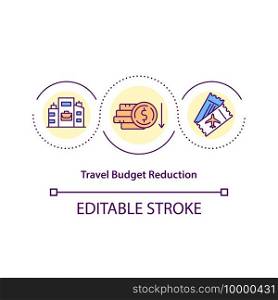 Travel budget reduction concept icon. Save on cost of employee business travel idea thin line illustration. Reduced corporate costs. Vector isolated outline RGB color drawing. Editable stroke. Travel budget reduction concept icon