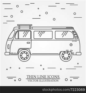 Travel bus family camper thin line. Traveler truck tourist bus outline icon. RV travel bus grey and white vector pictogram isolated on white. Summer bus family travel concept. Vector illustration.