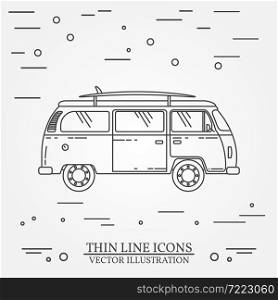Travel bus family camper with surf board thin line. Traveler truck tourist bus outline icon. RV travel bus grey and white vector pictogram isolated on white. Summer bus family travel concept. Vector illustration.