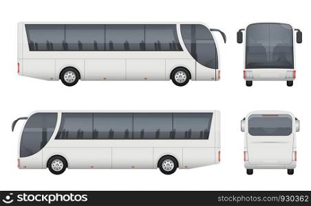 Travel bus realistic. Tourism autobus mockup cargo car front side view vector pictures set isolated. Bus auto car, truck passenger illustration. Travel bus realistic. Tourism autobus mockup cargo car front side view vector pictures set isolated