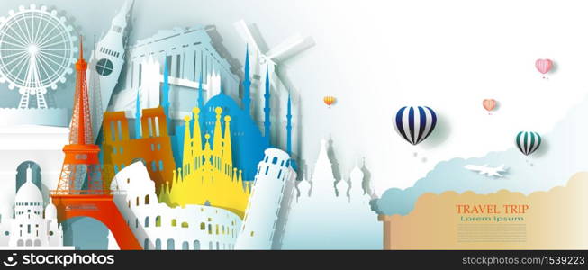 Travel business landmarks tourism Europe architecture by balloon, Tour culture landmark world with panorama view, Popular capital, Origami paper cut for business travel postcard, Vector illustration.