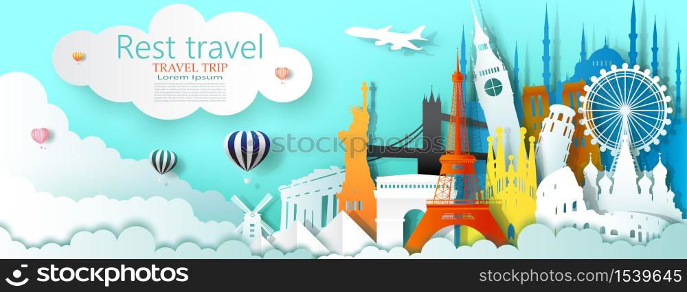 Travel business landmarks tourism world famous architecture by balloon, Tour culture landmark world with panorama view, Popular capital, Origami paper cut for travel postcard, Vector illustration.