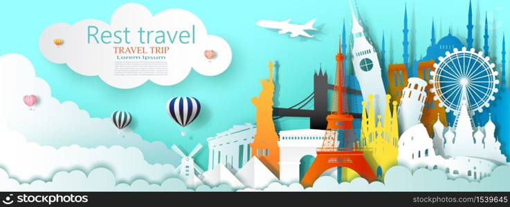 Travel business landmarks tourism world famous architecture by balloon, Tour culture landmark world with panorama view, Popular capital, Origami paper cut for travel postcard, Vector illustration.