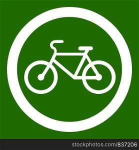 Travel by bicycle is prohibited traffic sign icon white isolated on green background. Vector illustration. Travel by bicycle is prohibited traffic sign icon green