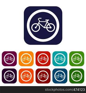 Travel by bicycle is prohibited traffic sign icons set vector illustration in flat style In colors red, blue, green and other. Travel by bicycle is prohibited traffic sign icons