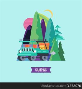 Travel by car to nature. Vector illustration.. The trip by car. Vector illustration, emblem of automobile tourism. The jeep in the background a mountain landscape. Stay in the campground.