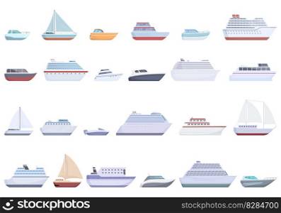 Travel by ship icons set cartoon vector. Sea boat. Ferry cruise. Travel by ship icons set cartoon vector. Sea boat