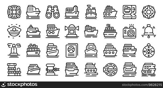 Travel by ship icons set outline vector. Sea boat. Ferry cruise. Travel by ship icons set outline vector. Sea boat