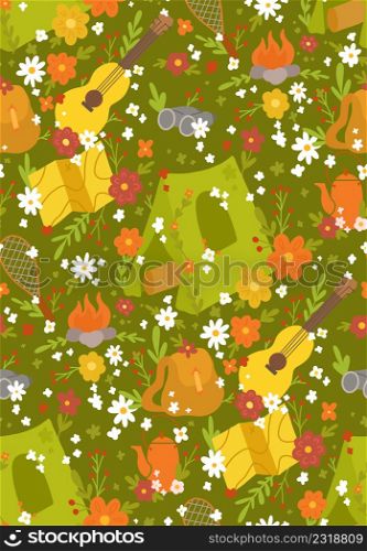 Travel camp seamless vector pattern. Bright childrens texture with hiking. Wallpaper with tent and floral pattern. Background with ditsy and summer active rest. Travel camp seamless vector pattern. Bright childrens texture with hiking. Wallpaper with tent and floral pattern.