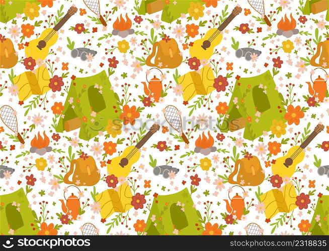 Travel camp seamless vector pattern. Bright childrens texture with hiking. Wallpaper with tent and floral pattern on white backdrop. Background with ditsy flowers and summer active rest. Travel camp seamless vector pattern. Bright childrens texture with hiking. Wallpaper with tent and floral pattern