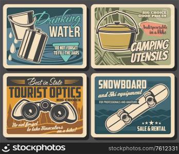 Travel camping and hiking equipment shop, vintage vector posters. Hiking, mountaineering outdoor camp travel utensil. Snowboard, binoculars, water jars and backpacking accessory. Camping and hiking travel, tourism equipment