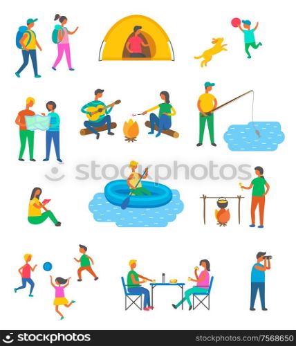 Travel, camping and tourists, outdoor activity vector. Tent and map, boy with dog, backpackers and fishing, boat and campfire, children with ball, lunch. Camping and Tourists, Outdoor Activity, Travel
