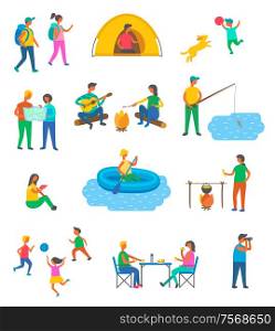 Travel, camping and tourists, outdoor activity vector. Tent and map, boy with dog, backpackers and fishing, boat and campfire, children with ball, lunch. Camping and Tourists, Outdoor Activity, Travel