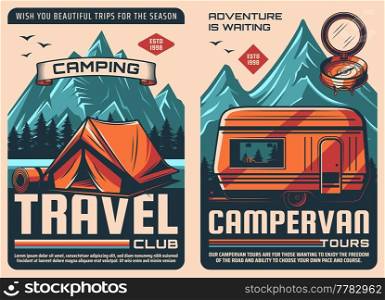 Travel camping and van retro posters, outdoor tourism with camper trailer. Mountaineering or hiking travel club and adventure expedition to mountains or forest lake camp with caravan van or RV truck. Travel, camping van retro posters, outdoor tourism