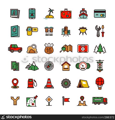 Travel, camping, location flat icons collection. Luggage and navigation, baggage and location map illustration. Travel, camping, location flat icons collection