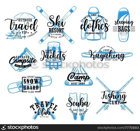 Travel, camping, sport club lettering icons with vector sketches of outdoor adventure. Snowboard, skis, camp clothes, sleeping bag, campsite flashlight and fishing rods, kayak boat and diving flippers. Travel, camping and sport club lettering icons
