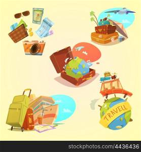 Travel Cartoon Set. Travel cartoon set with map luggage and transport symbols on yellow background isolated vector illustration