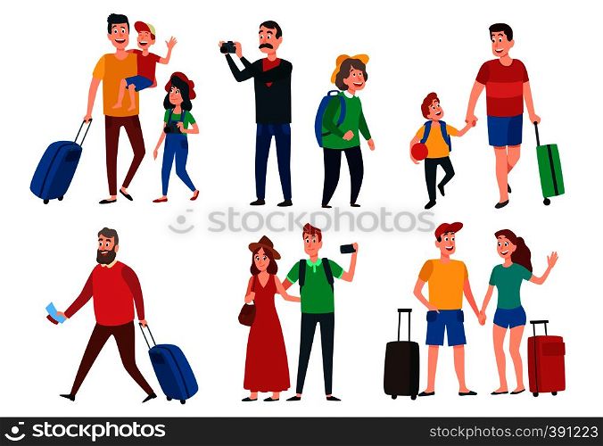 Travel characters. Travelling group, family couple holiday vacation and sightseeing travels tourists. Family leisure, travelling activities or resort vacations. Cartoon vector isolated sign set. Travel characters. Travelling group, family couple holiday vacation and sightseeing travels tourists cartoon vector set