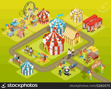 Travel Circus Fairground Isometric Layout Poster. Travel circus attractions isometric composition amusement park schema with striped tents observation wheel and visitors vector illustration