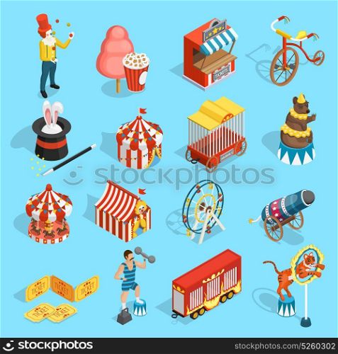 Travel Circus Isometric Icons Set . Travel chapiteau circus classic vintage isometric icons set with tent strongman magician and tiger isolated vector illustration