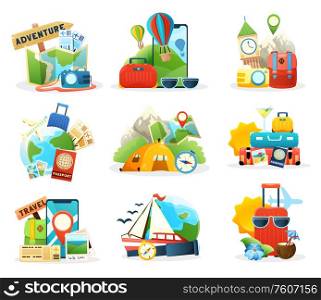Travel colored isolated compositions set with famous landmarks world map tickets online booking passenger baggage flat vector illustration
