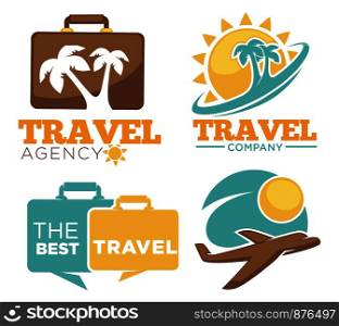 Travel company logo for tourism and tourist agency. Vector icons of travel bag and ocean wave with sun and airplane in sky or palms. Travel company or tourist agency vector icons