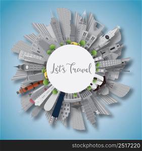 Travel Concept Around the World. Famous International Landmarks. Business Travel and Tourism Concept with Copy Space. Image for Presentation, Banner, Placard and Web Site. Vector Illustration.