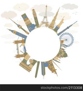 Travel concept around the world. Famous international landmarks. Vector illustration