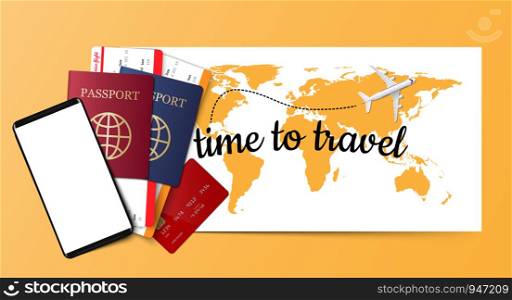 Travel concept background, passport, boarding pass, credit cart and smartphone on blue world map with realistic airplane, vector illustration