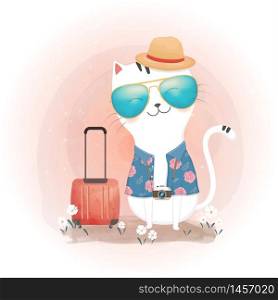 Travel concept. Cute cats and suitcase. watercolor style