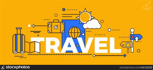 Travel concept design abstract flat style. Travel element holiday, trip and vacation summer, tourism and tour with baggage or bag, rest and recreation, modern poster leisure. Vector illustration