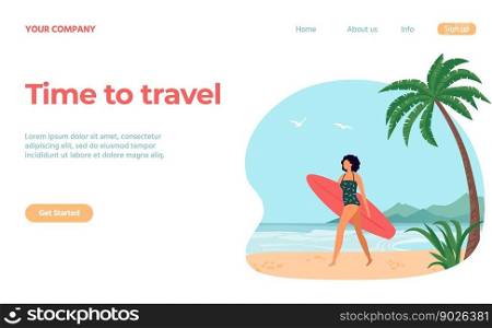 Travel concept landing web page, girl with surfboard. Vector travel sea, vacation beach surfing illustration. Travel concept landing web page, girl with surfboard