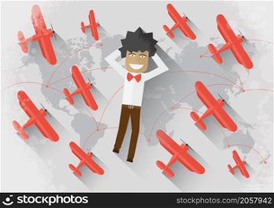 Travel concept Man lie on the world map surrounded by red airplane and dream about travel