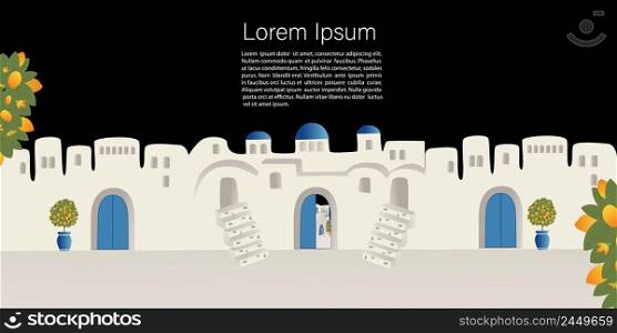 Travel concept. Night old town, abstract place, village  in Santorini, Spain, Greece and Italy. Banner, template for a website with text. Travel Vector illustrations and design