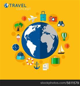 Travel concept on orange background with big blue globe with tourism vacation service icons vector illustration