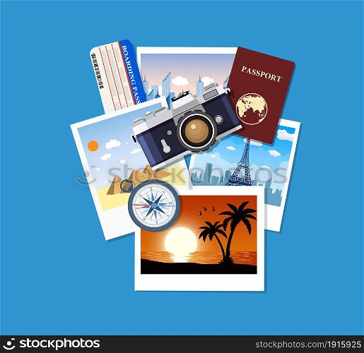 Travel concept. Photo camera and photos, compass, passport and boarding pass. Planning trip. Vector illustration in flat style. Travel concept. Photo camera and photos,
