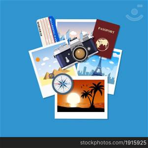 Travel concept. Photo camera and photos, compass, passport and boarding pass. Planning trip. Vector illustration in flat style. Travel concept. Photo camera and photos,