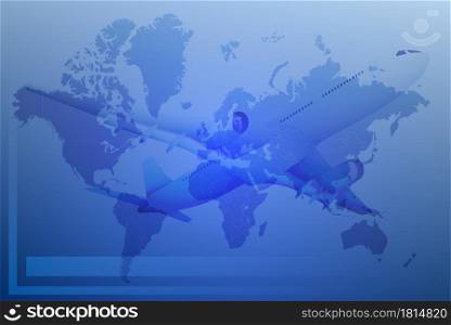 Travel concept. Plane, realistic airliner on background of continents and continents of globe. Travel and international flights. Tourism. Color vector